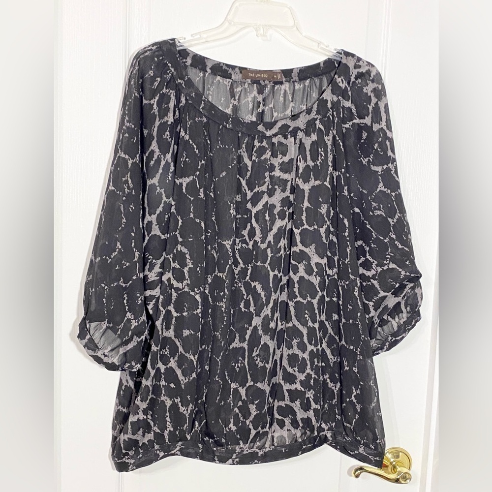 Y2K The Limited Leopard Print Sheer 3/4 Sleeve Blouse Black Gray XL